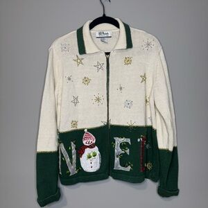 All Points Noel Christmas Sweater with Snowman and Star Beaded Embroidery